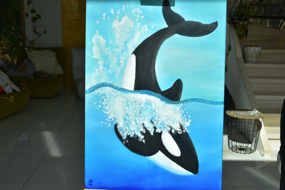 Quadro - Pintura a Óleo Original "Orca e a Família a Brincar na Ondas"