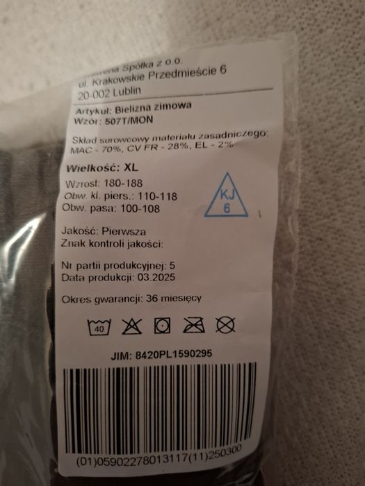Bielizna zimowa długa wojskowa WP 507T/MON roz. XL.