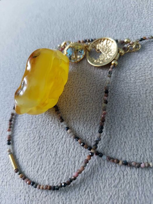 Naszyjnik bursztyn blue topaz kamienie srebro 925 złocone