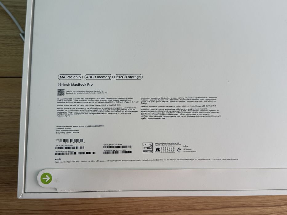 Macbook Pro 16” M4 Pro 48GB/512GB Srebrny 22 cykle, A3403