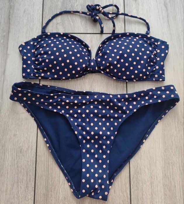 Strój kąpielowy groszki granatowy różowy h&M 36 S