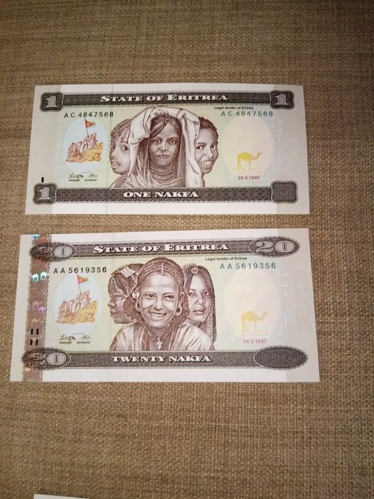 ERITREA, 2 Notas NOVAS - NÃO Circuladas conforme as fotos.