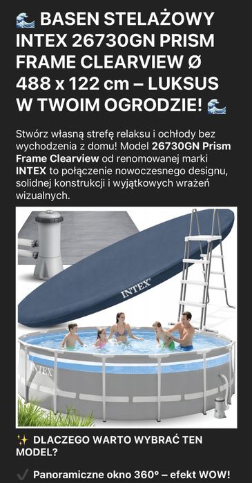Basen stelazowy intex 26730GN PRISM frame clearview 488 x 122 cm