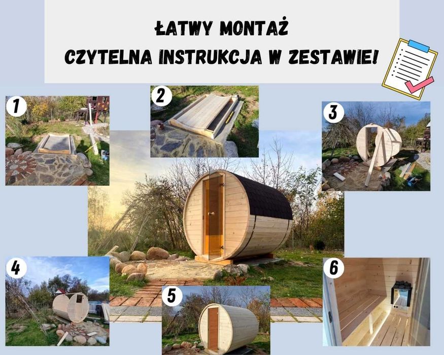 Sauna beczka ogrodowa samodzielny montaż FULL ZESTAW! 2x2
