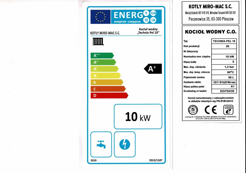 Piec CO pellet  ekogroszek kocioł kotły 10 kW Miro-Mac 5 klasa