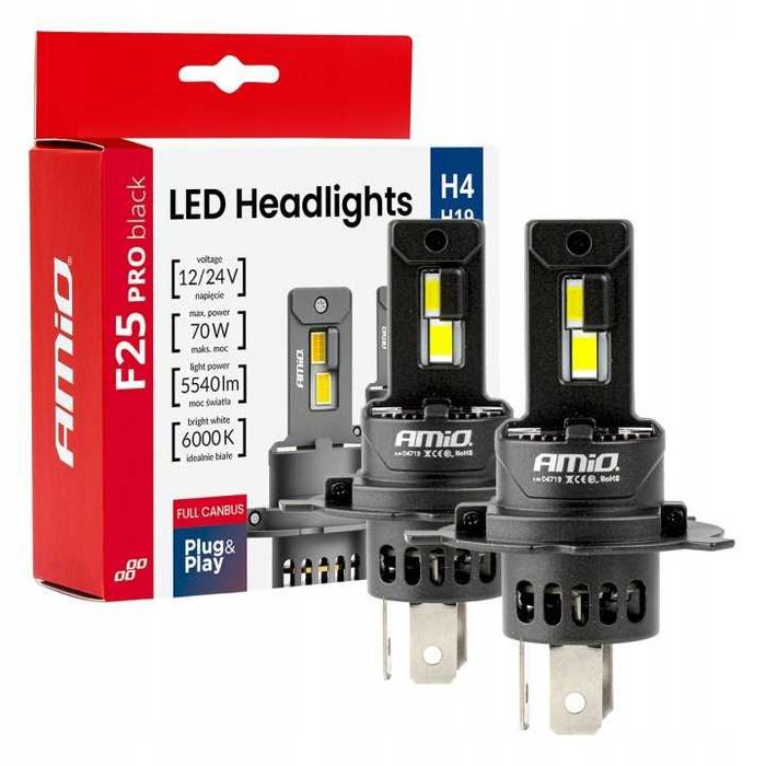 Żarówki led AMIO H4 PRO BLACK FULL 70W 12V 24V do auta motoru