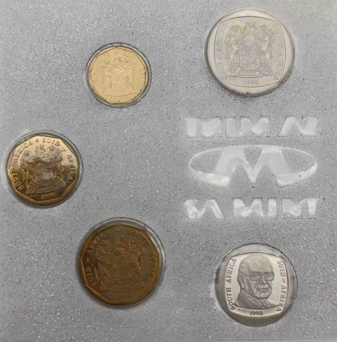 Conjunto de moedas da Casa da Moeda da África do Sul de 1990 - não circuladas, incluindo a moeda de R1 de P.W. Botha.