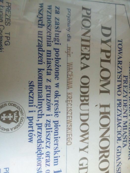 Dyplom PRL zabytkowy pamiątkowy do muzeum Gdańska