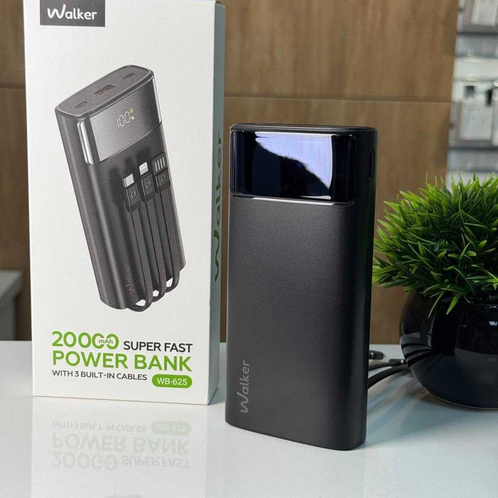 Power Bank WALKER WB-625 20000mAh з LED-екраном і вбудованими кабелями