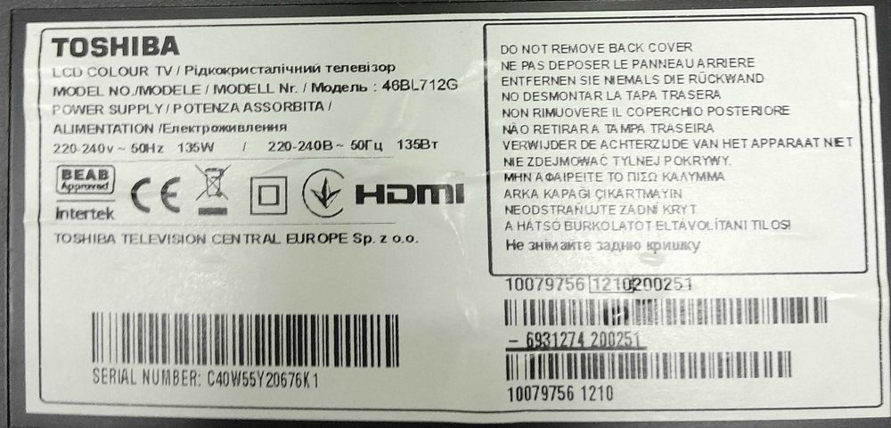 Televisão Toshiba_46BL712G vendo todas as peças