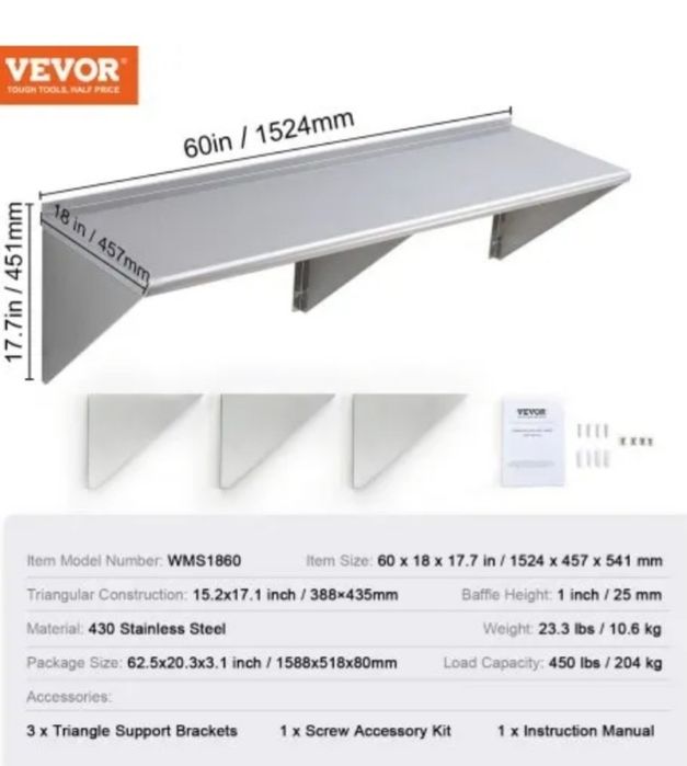 Prateleira de aço inoxidável VEVOR de 18" x 60", prateleira flutuante