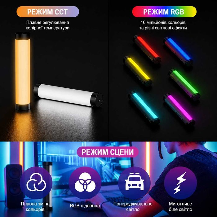 Відео фото світло RGB трубка палка LED Luxceo P100 з магнітом 2000mAh