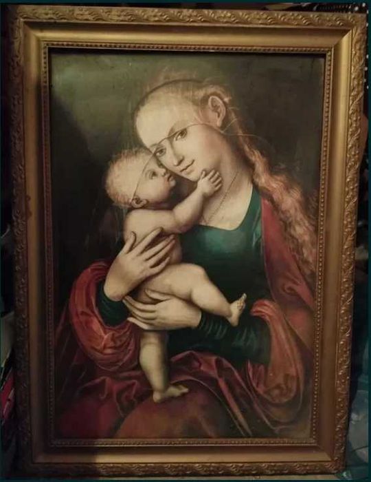 Stary obraz religijny w ramie - Maryja z Dzieciątkiem - dewocjonalia