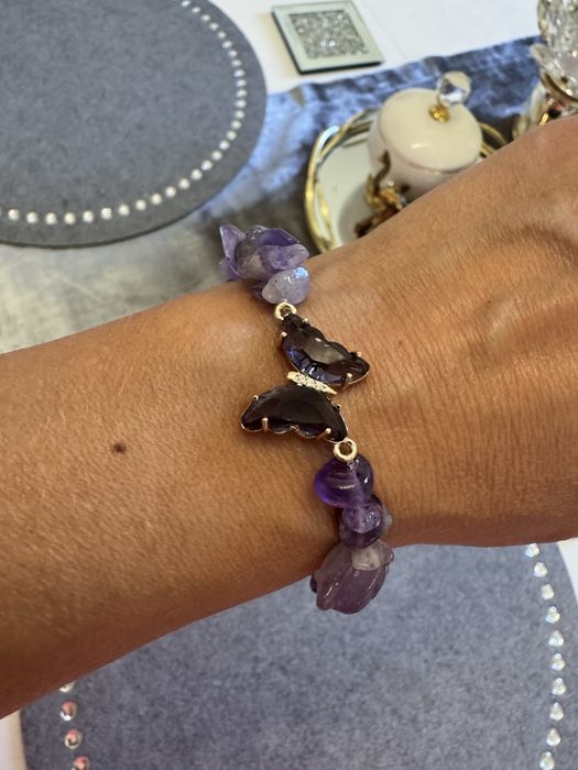 Bransoletka kamienie Ametyst z motylkiem