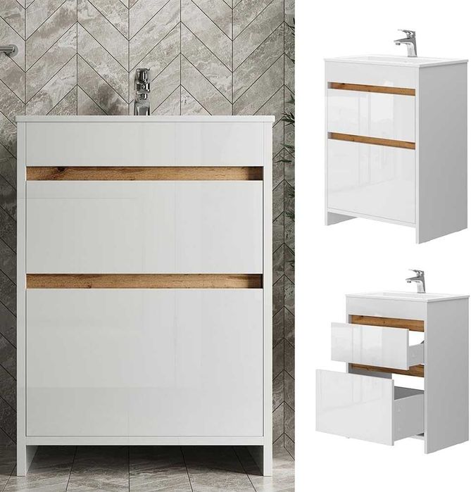 Szafka pod umywalkę 60cm Biała Wysoki połysk Złoty Dąb 2 szuflady