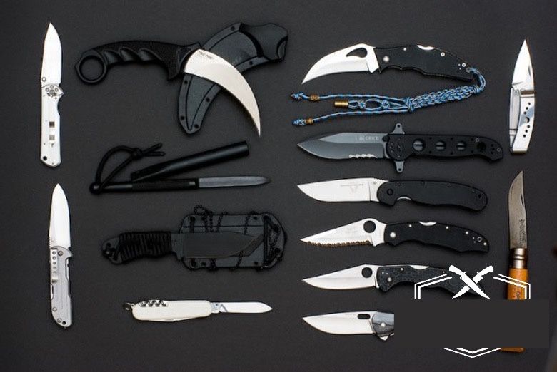 Большой ассортимент ножей, топоров — всё для кухни, рыбалки и охоты