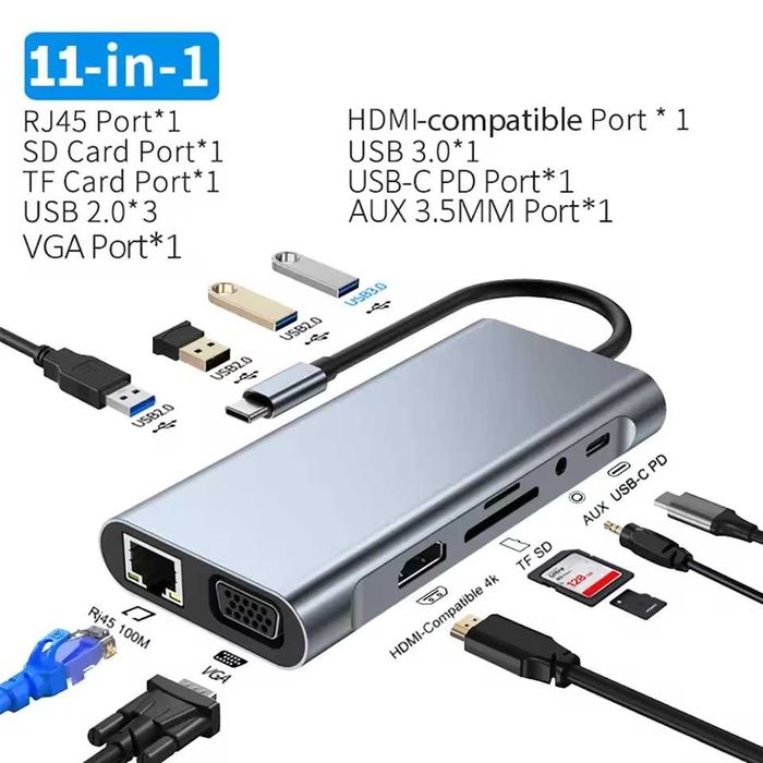 Адаптер Hub 11 в 1 MacBook USB Type-C HDMI 4k VGA RJ45 Card Reader
