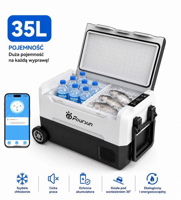 Lodówka 35L turystyczna,kompresorowa -20*C,samochodowa,bluetooth,zasilacz.
