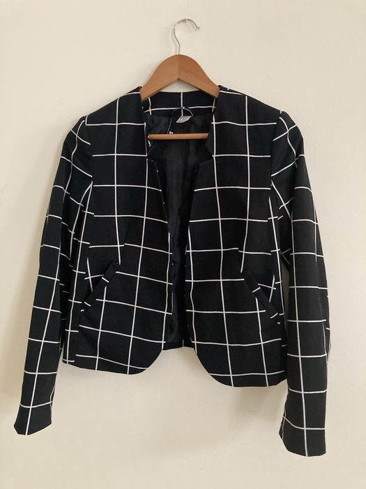 Marynarka w kratę kratkę H&M Divided  36 S czarno-biała taliowana