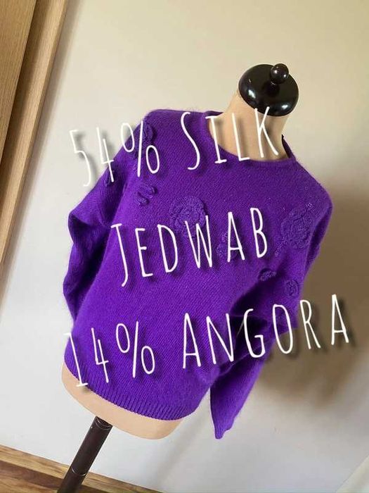 Sweter fiolet jedwab silk i angora naszywki oversize perelka vintage m l 38
