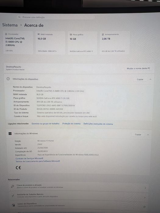 PC Gaming RTX 4060 Ti 16GB | i5-8400 | 16GB RAM | 2TB + Teclado e Rato