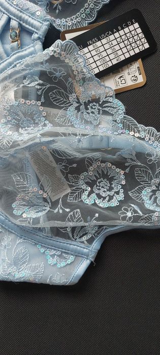 Komplet stanik prześwitujący stringi niebieski brokat 85E XL NOWY!!