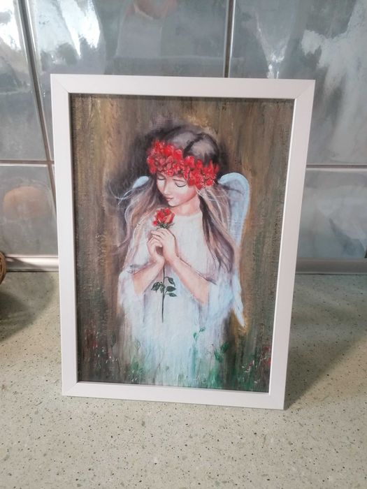 Aniołek pamiątka komunia chrzest obrazek w ramce23x32