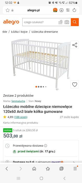 Białe proste ŁÓŻECZKO drewniane regulowane 60x120 na kółkach JAK NOWE