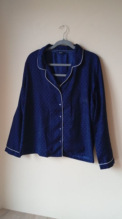 Granatowa elegancka satynowa piżama , spodnie i koszula, Tchibo, r.XL