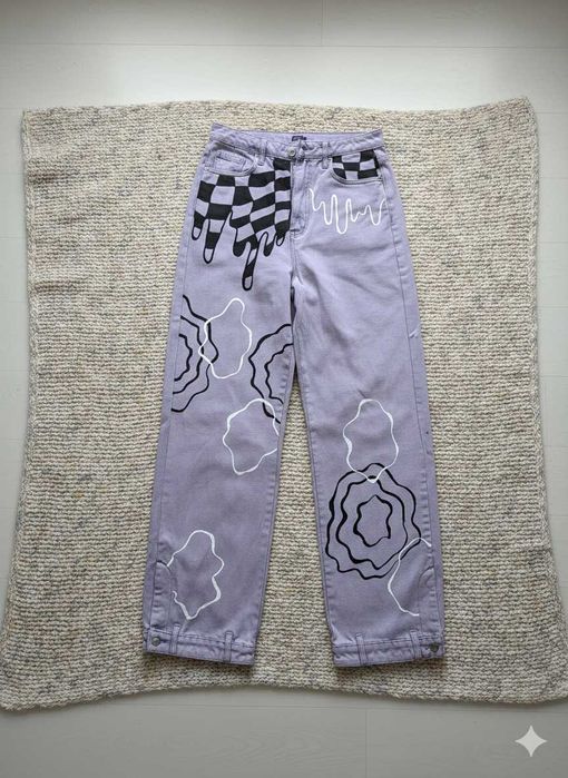 Spodnie Jeans Wzór Geometryczny Fioletowe #handmade recznie malowane