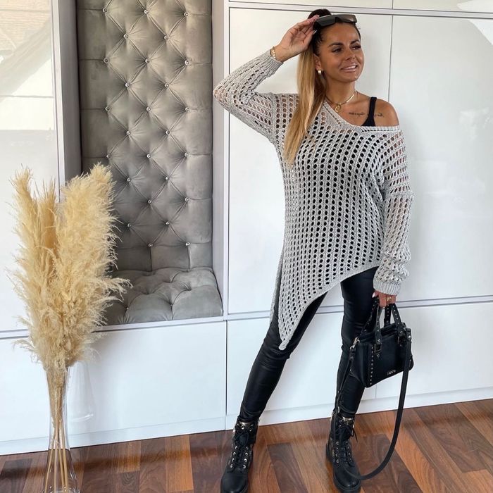 Sweter Ala Ola Voga Ażurowy -siatka -narzutka-Tunika Srebrna