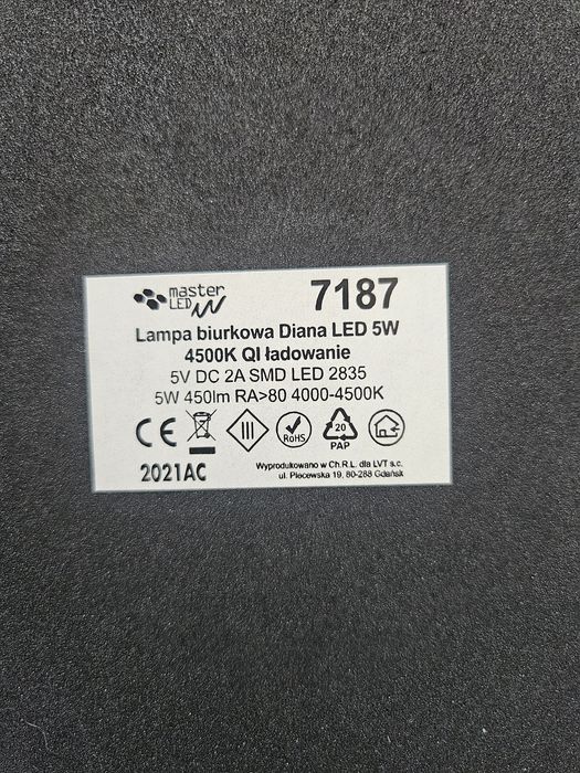 Lampa biurkowa Diana LED 5W 4500K QI ładowanie indukcyjne