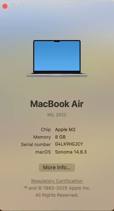 MacBook AIR 13 M2/8 CPU/ 8 GPU/ 8 ram/ 256 Space Gray MLXW3