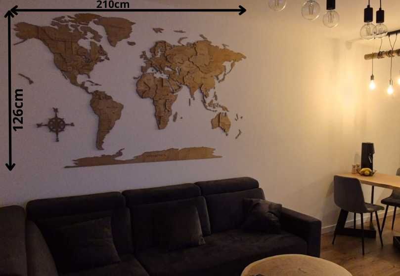 Mapa Świata 3D z Drewna 210x126cm - Podróże na Twojej Ścianie!