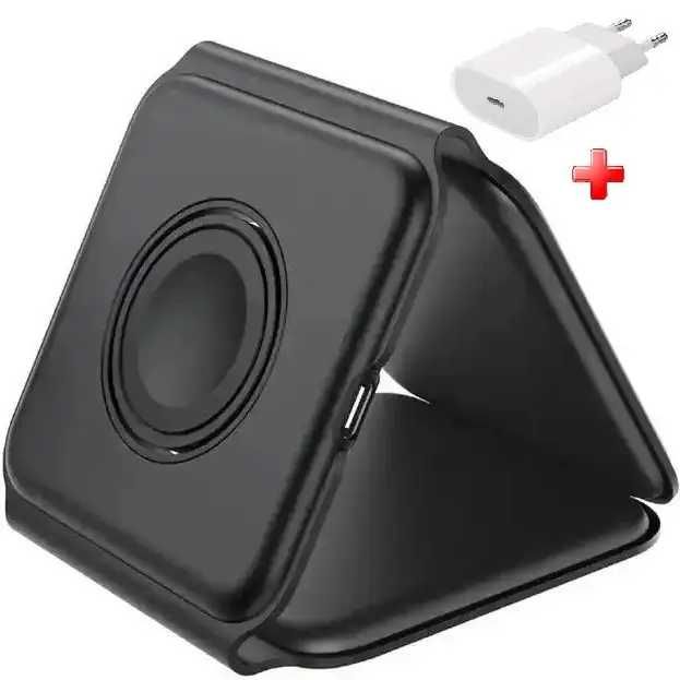 Бездротова магнітна зарядна станція 3 в 1 Чорна для iPhone + адаптер