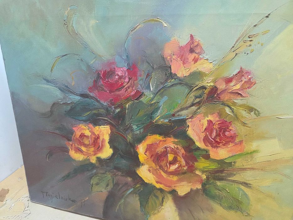 Obraz 46x55 cm ręcznie malowany bukiet róż staroć