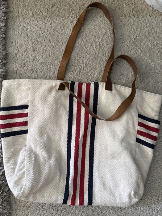 Duża torba plócienna w czerwono granatowe paski ze skorzanymi rączkami
