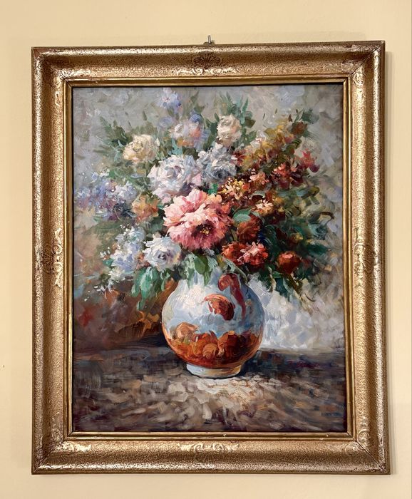 obraz kwiaty martwa natura (70x58) kolorowy złota rama na płótnie