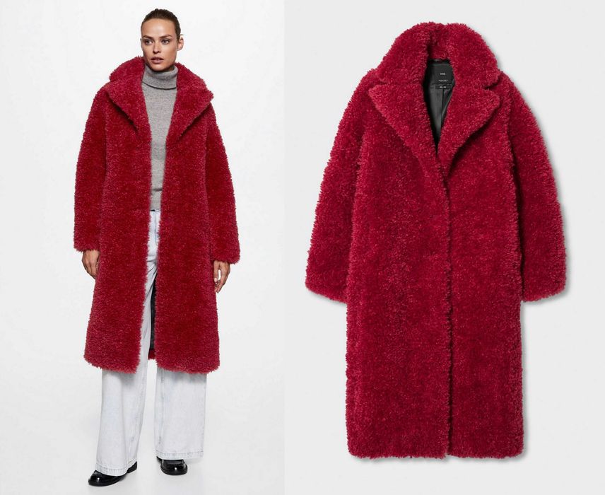 MANGO futerko futro kożuch baranek czerwone długie NOWE płaszcz XS/34