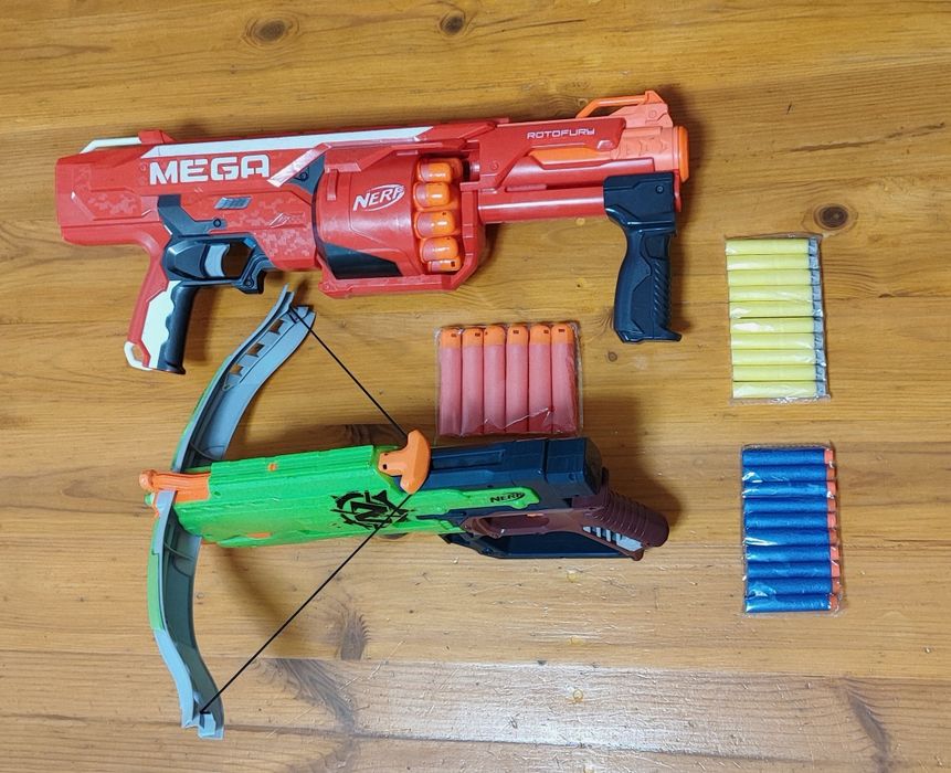 Бластери NERF: Crossfire Bow, Rotofury + дарти/пульки