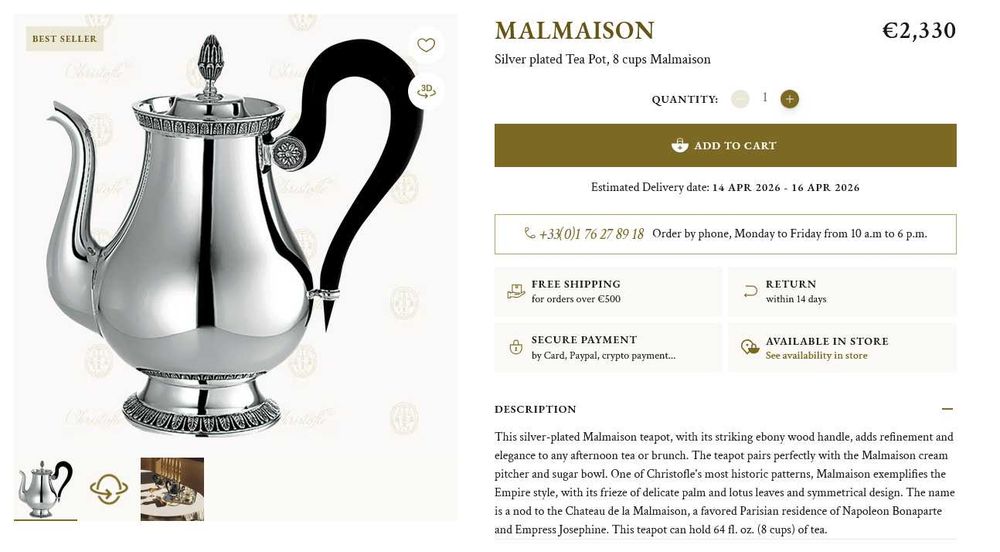 Christofle serviço chá e café 'Malmaison' em casquinha de prata / bule