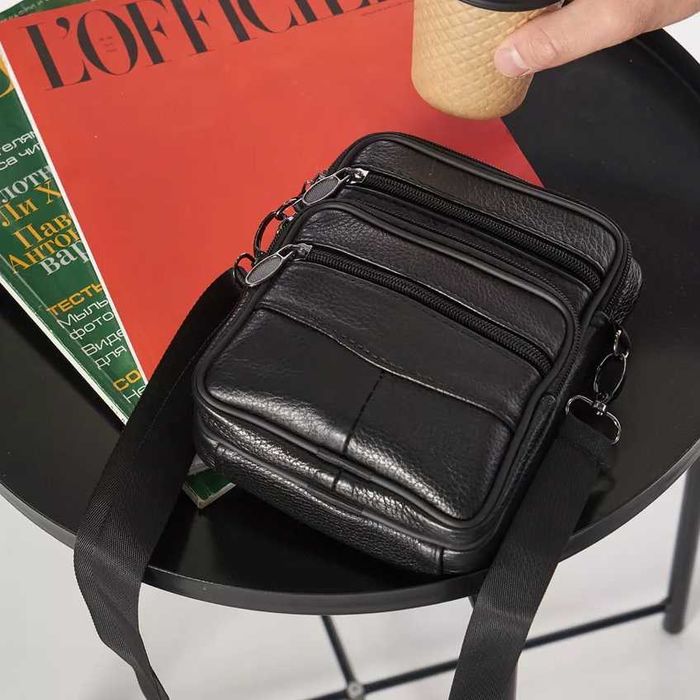 Стильна чоловіча шкіряна сумка через плече, з натуральної шкіри, чорна