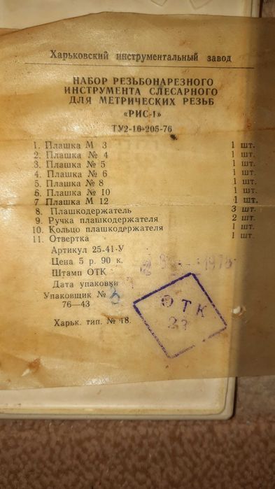 Набор резьбонарезного инструмента слесарного для метрических резьб