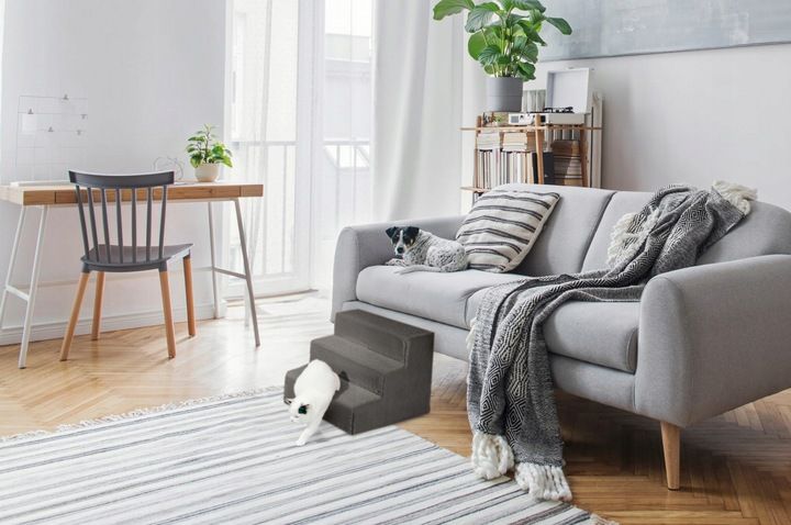 Schodki Dla Psa 3-stopnie Tapicerowane Ciemnoszare Podest Dla Psa Do K