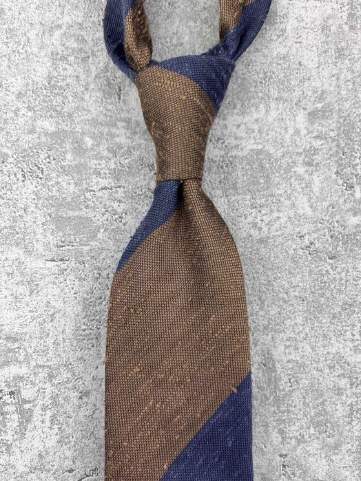 NOWY krawat szantung regimental SuitSupply granatowo-brązowy pasy tie