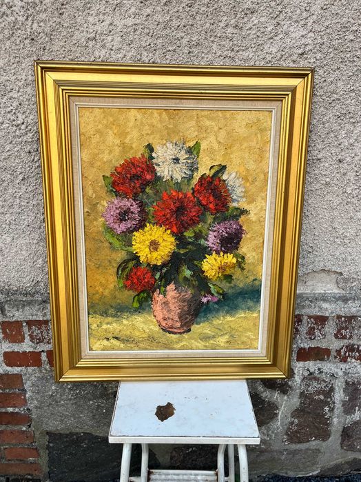 Stary obraz olejny na płótnie, martwa natura kwiaty, gruba faktura farby impasto, złota rama, vintage antyk dekoracja na ścianę szer. 64cm