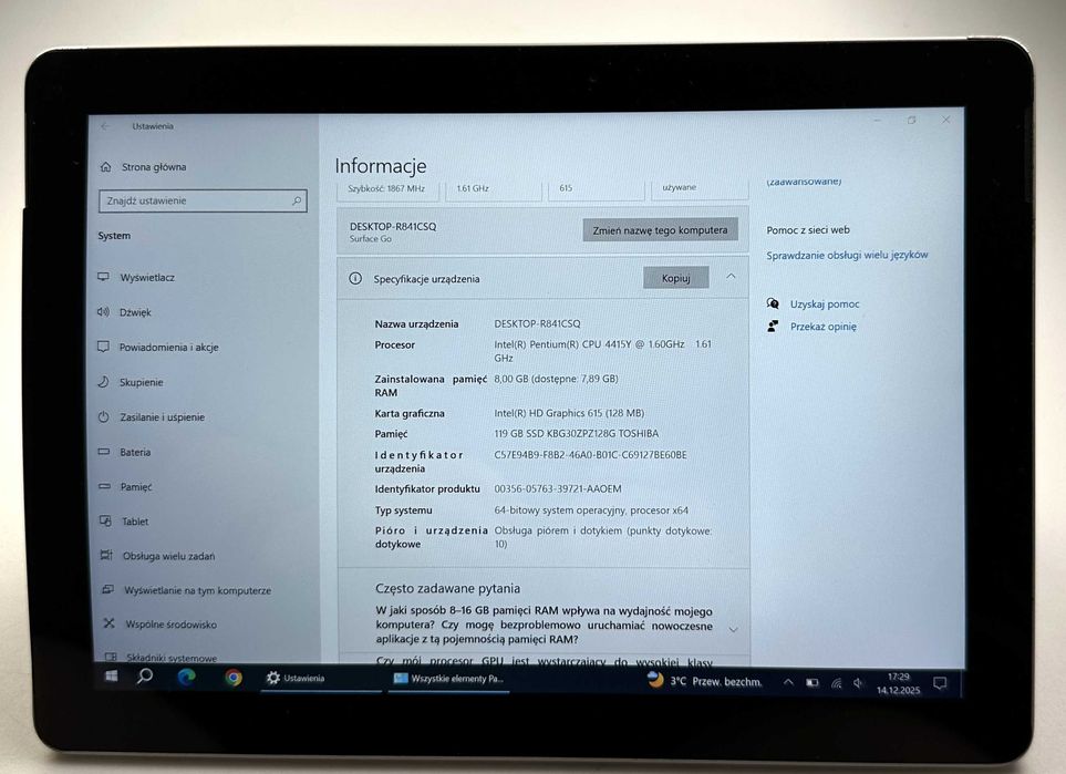 Microsoft Surface  Go 10 cali 8/128 uszkodzony bateria do wymiany
