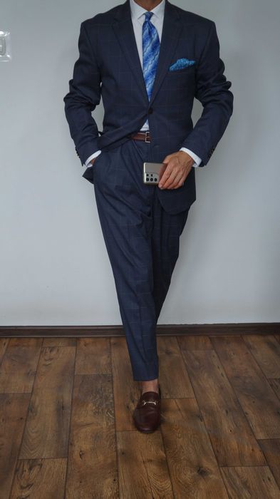 Garnitur H&M Slim Fit ROZMIAR 48 i 56 Granatowa Krata Bardzo Dobry