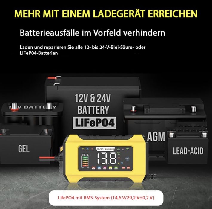 Зарядний пристрій 15A 12v-24v LifepO4 AGM GEL  Свинець відновлення АКБ