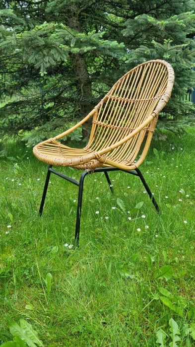 2x fotel rattanowy stolik l 60 Mid Century Design Czechosłowacja PRL